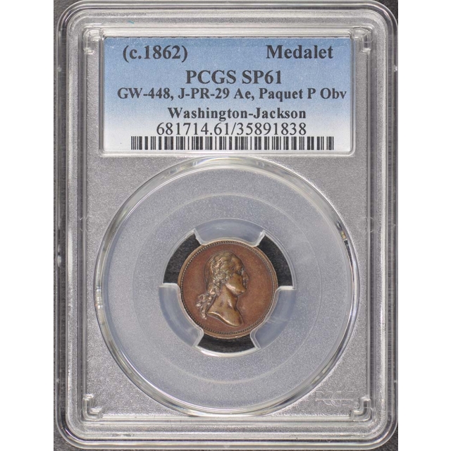 1862 Washington Jackson Paquet Copper Medalet PCGS SP61 PR-29