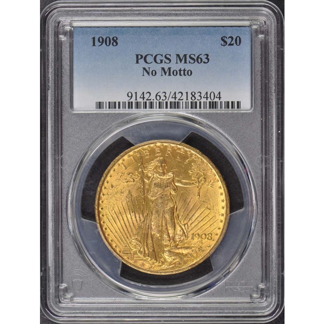 1908 $20 No Motto Saint Gaudens PCGS MS63