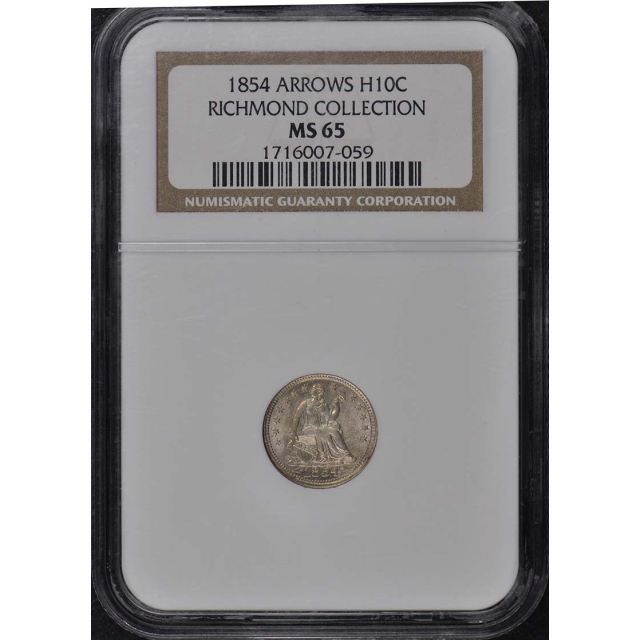 1854 ARROWS Seated Half Dime H10C NGC MS65