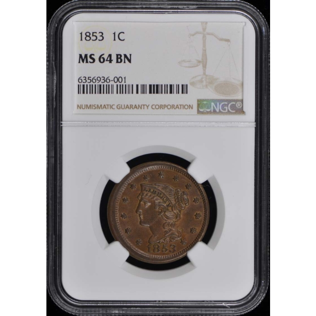 1853 Coronet, Braided Hair Cent 1C NGC MS64BN