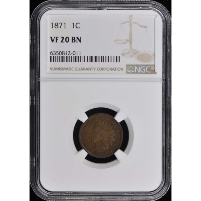 1871 Bronze Indian Cent 1C NGC VF20BN