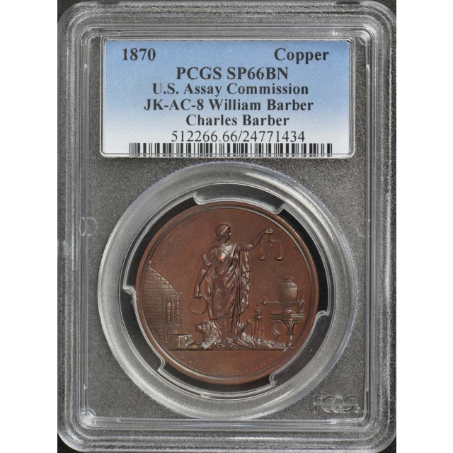 1870 Copper U.S. Assay Commission, JK-AC-8 PCGS MS66BN Charles Barber