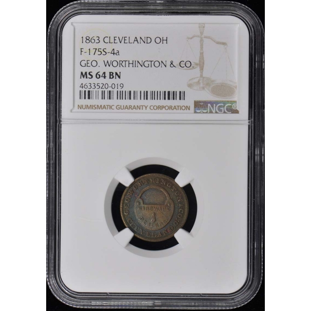 1863 CLEVELAND CWT MERCHANT TOKEN F-175S-4a OH NGC MS64BN
