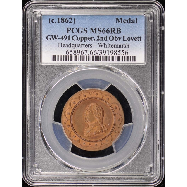 1862 GW-491 Copper Headquarters Whitemarsh PCGS MS66RB Medal 
