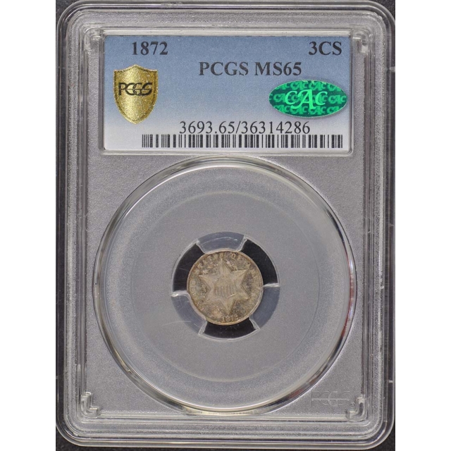1872 3CS Three Cent Silver PCGS MS65 (CAC) Pop 2 Mintage 1000