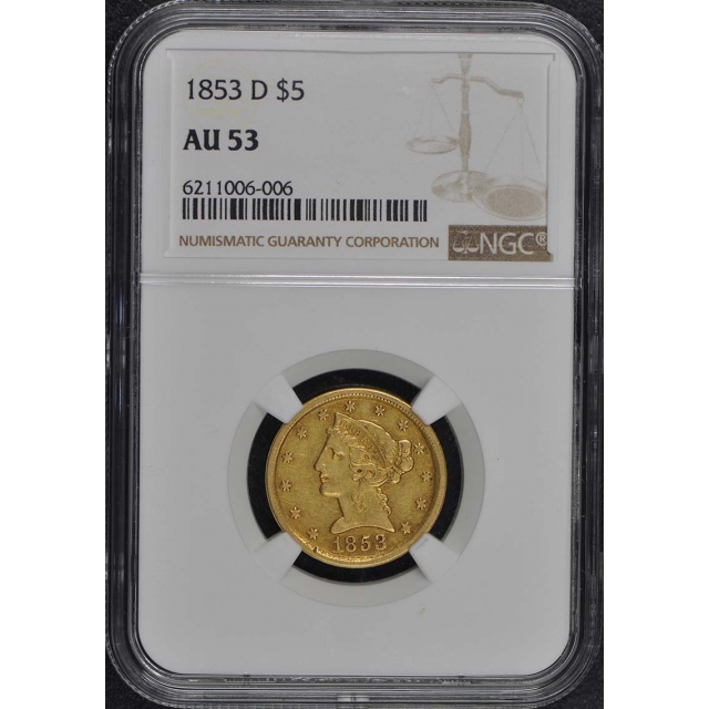 1853-D Half Eagle - No Motto $5 NGC AU53
