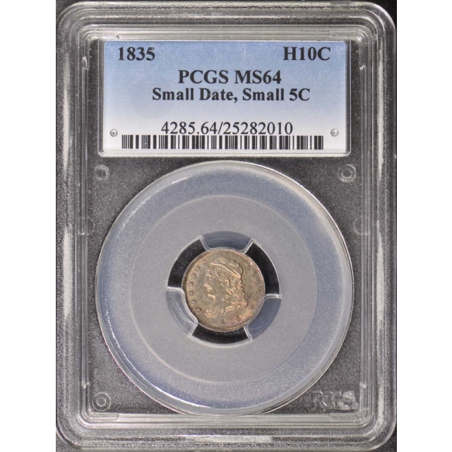 1835 H10C Small Date, Small 5C Capped Bust Half Dime PCGS MS64