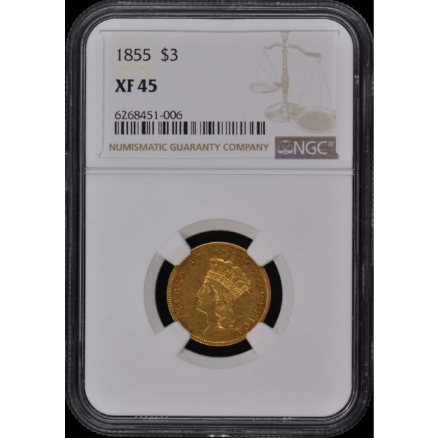 1855 Three Dollar $3 NGC XF45