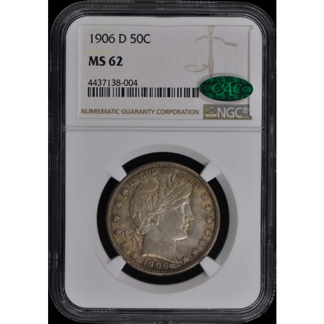 1906-D Barber Half Dollar 50C NGC MS62 CAC