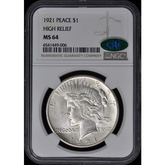 1921 Peace Dollar HIGH RELIEF S$1 NGC MS64 (CAC)