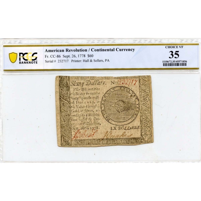 Sept 26  1778 $60  FRCC-86  Continental Currency PCGS CH VF35