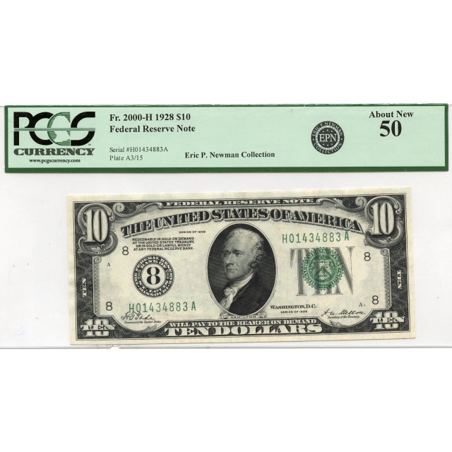 1928 $10 Federal Reserve Note FR2000-H PCGS AU50