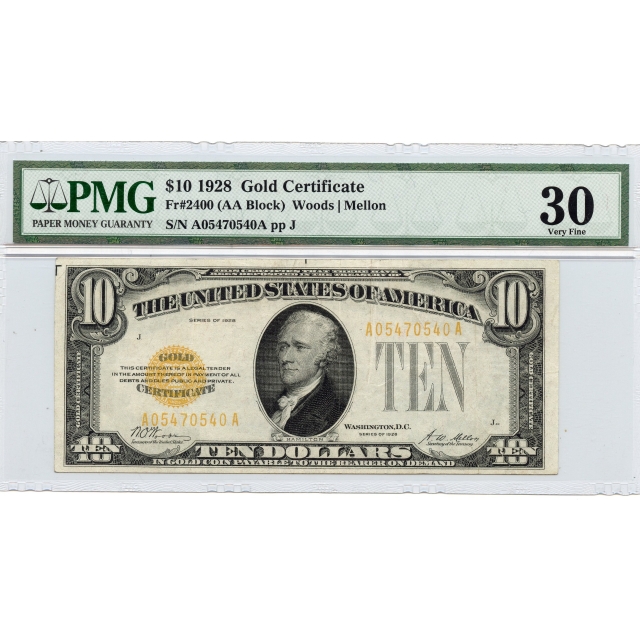 1928 $10 Gold Certificate Gold  Fr# 2400 PMG 30