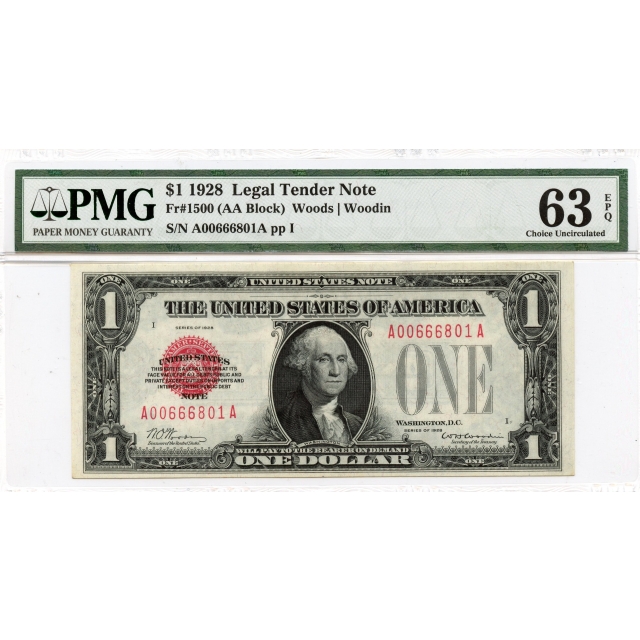 1928 $1 Legal Tender Note Red Seal Fr# 1500 PMG CH63 EPQ