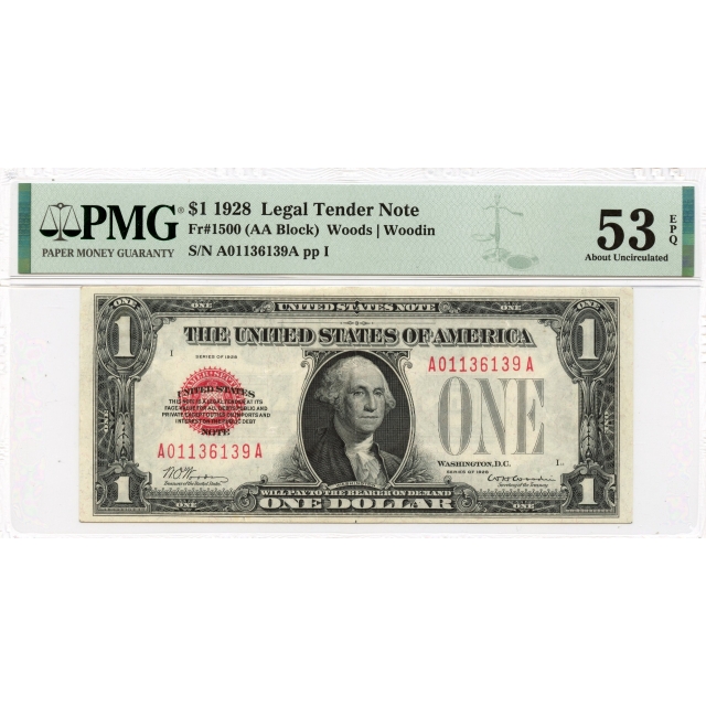 1928 $1 Legal Tender Note Red Seal Fr# 1500 PMG AU 53 EPQ