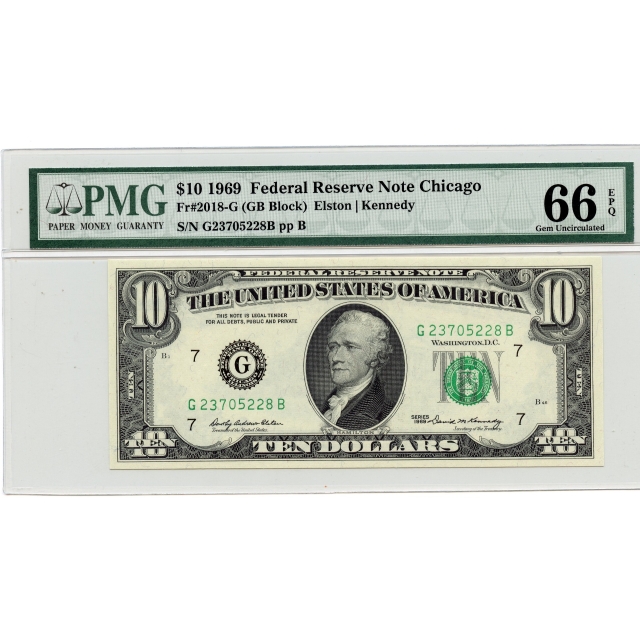 1969 $10 Federal Reserve Note Chicago IL Fr# 2018-G PMG 66 EPQ