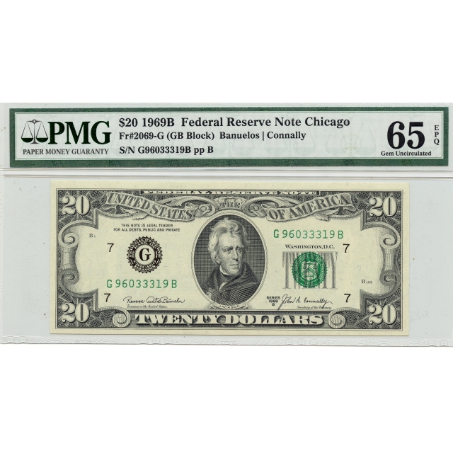 1969B $20 Federal Reserve Note Chicago IL Fr# 2069-G PMG Gem65 EPQ