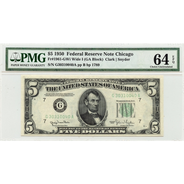 1950 $5 Federal Reserve Note Chicago IL Fr# 1961-GWi PMG Gem65 EPQ