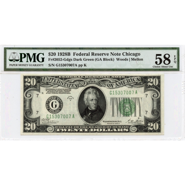 1928B $20 Federal Reserve Note Chicago IL Fr# 2052-Gdgs PMG AU58 EPQ
