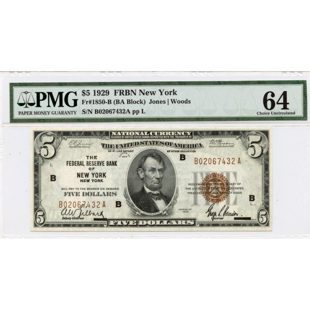 1929 $5 FRBN New York NY Fr# 1850-B PMG CH64