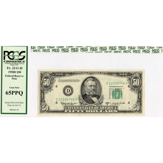 1950D $50 FRN FR#2111-D PCGS Currency Gem 65 PPQ