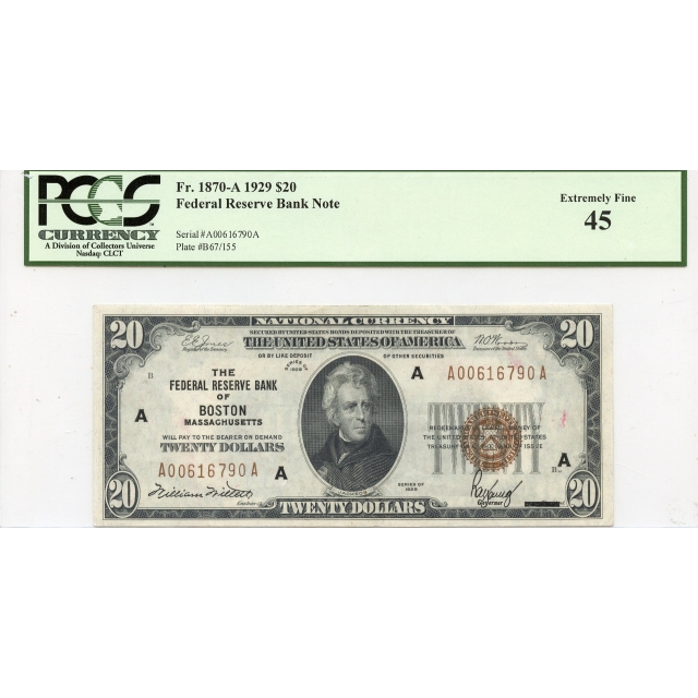 1929 $20 FRBN Boston MA FR#1870-A PCGS Currency XF45