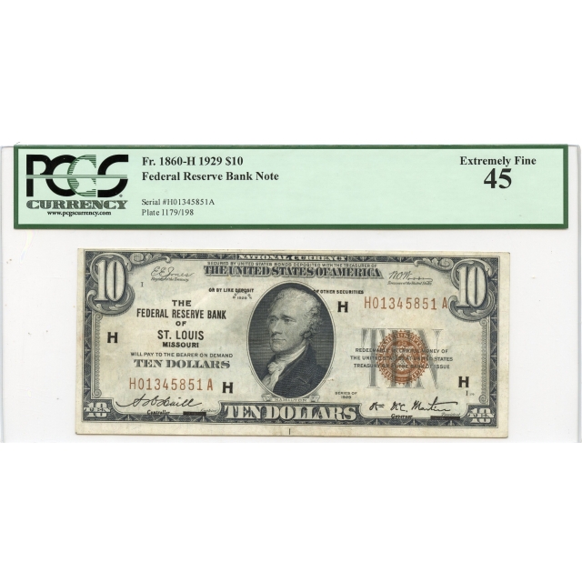 1929 $10 Federal Reserve Bank St Louis MO FR# 1860-H PCGS XF45