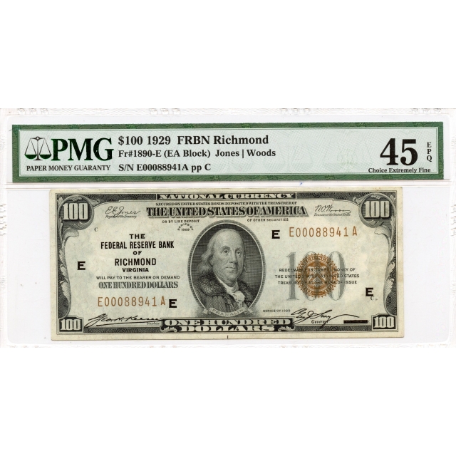 1929 $100 FRBN Richmond VA Fr# 1890-E PMG 45 EPQ