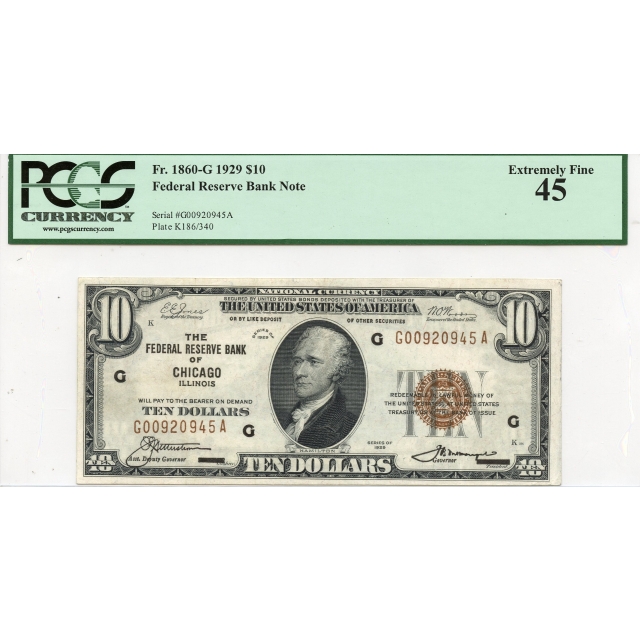 1929 $10 FRBN Chicago IL FR#1860-G PCGS XF45