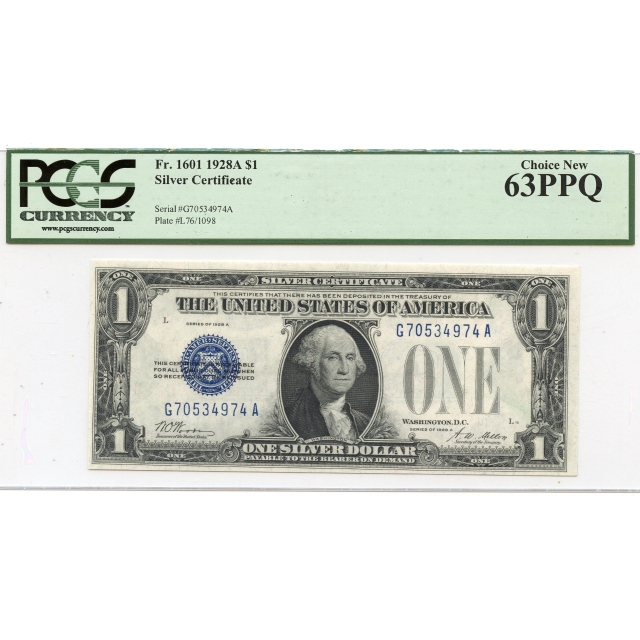 1928A $1 Silver Certificate FR#1601 PCGS CH New 63 PPQ