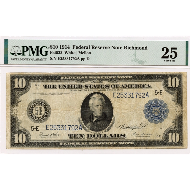 1914 $10 Federal Reserve Note Richmond VA Fr# 923 PMG VF25