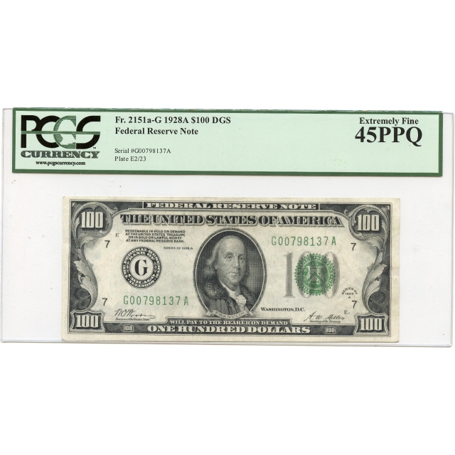 1928A $100 Federal Reserve Note Chicago IL FR#2151a-G PCGS XF45 PPQ