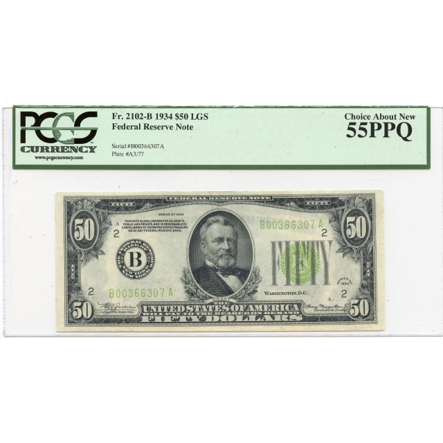1934 $50 Federal Reserve Note FR#2101-B PCGS CH AU55 PPQ
