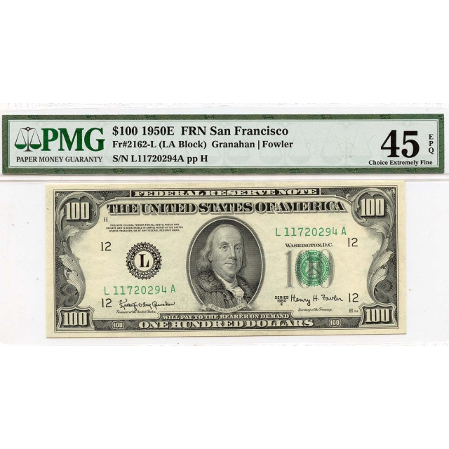 1950E $100 FRN San Francisco Green Seal Fr# 2162-L PMG EF45 EPQ