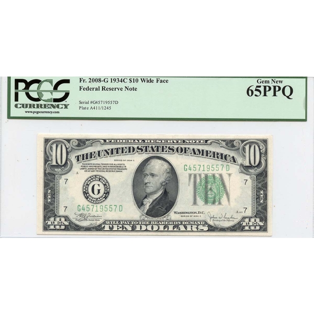 1934C $10 Federal Reserve Note Wide Face Gem 65 PPQ