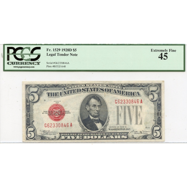 1928D $5 Legal Tender Note FR#1529 PCGS EF45