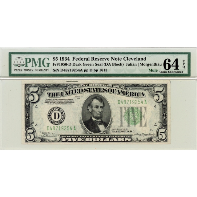 1934 $5 Federal Reserve Fr# 1956-D PMG 64 EPQ Mule