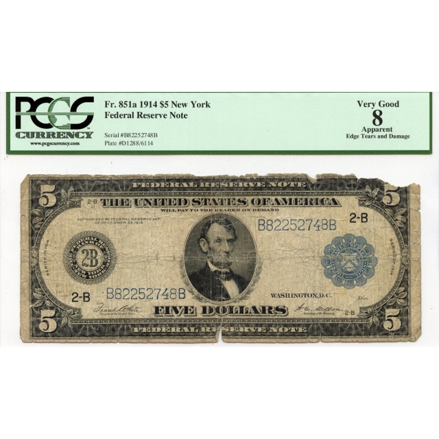 1914 $5 Federal Reserve Note New York NY PCGS VG8