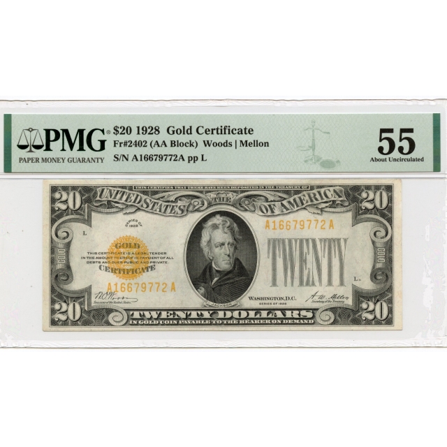 1928 $20 Gold Certificate  Fr# 2402 PMG AU55