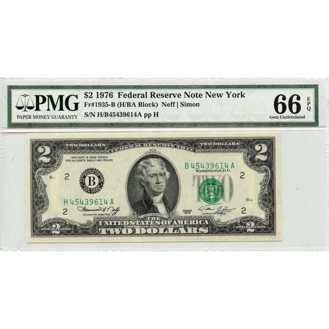 1976 $2 Federal Reserve New York Fr# 1935-B PMG GEM66 EPQ Mismatched Prefix Error
