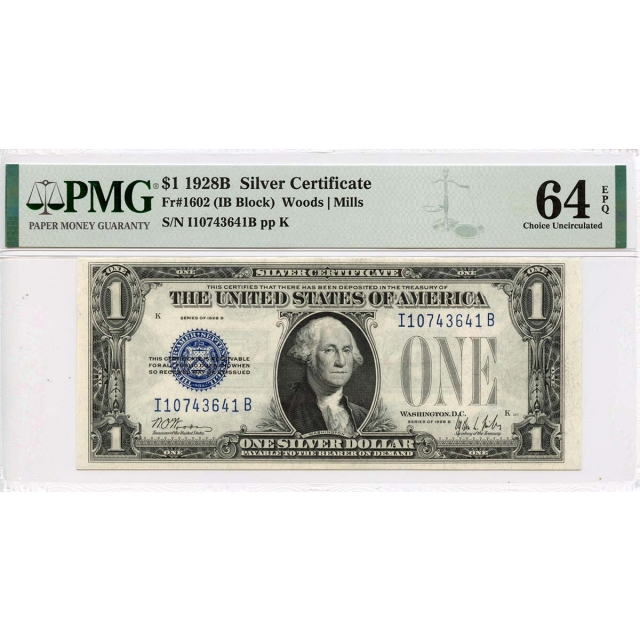 1928B $1 Silver Certificate Blue Woods Mills Fr# 1602 PMG 64 EPQ