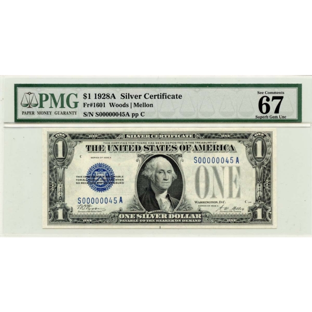 1928A $1 Silver Certificate Fr# 1601 PMG Gem67 EPQ 2 Digit