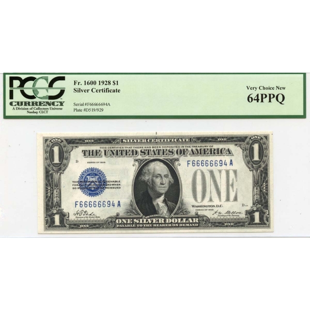 1928$1 Silver Certificate FR#1600 PCGS CH64 PPQ Serial Num 66666694