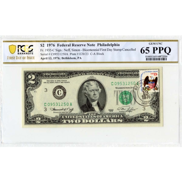 1976 $2 Federal Reserve Philadelphia Stamp PCGS Gem 65PPQ