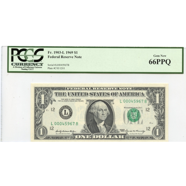 1969 $1 Federal Reserve Note FR#1903-L PCGS Gem 66 PPQ