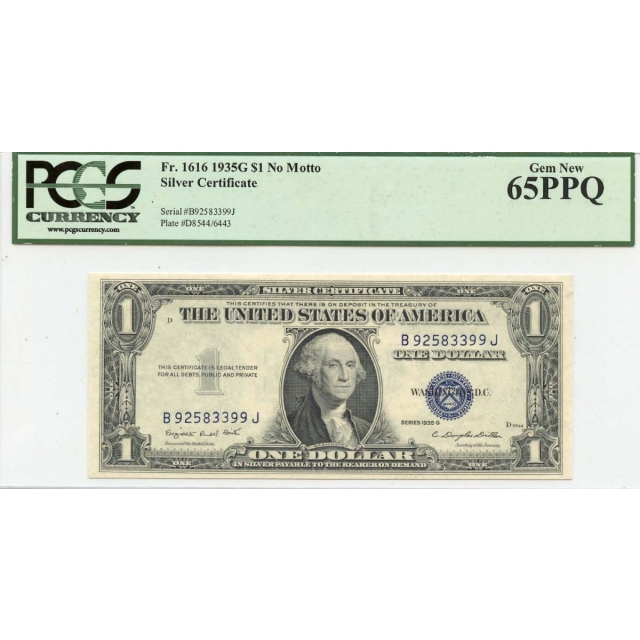 1935G $1 Silver Certificate No Motto FR#1616 PCGS Gem 65PPQ