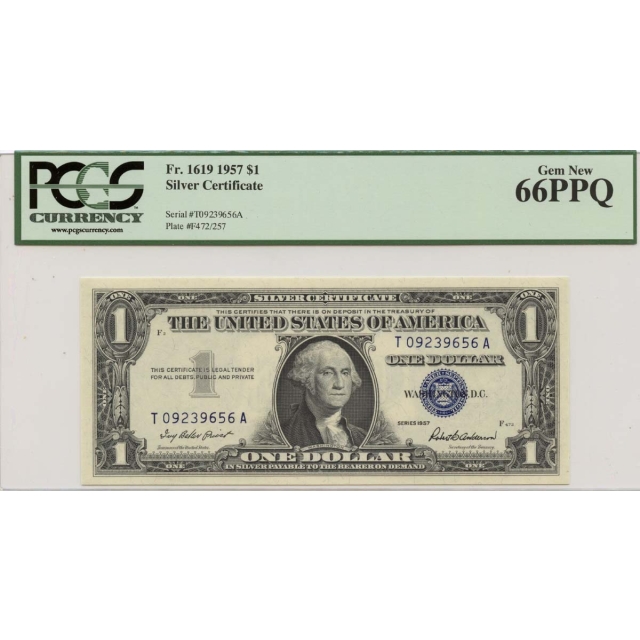 1957 $1 Silver Certificate FR#1619 PCGS Gem 66 PPQ