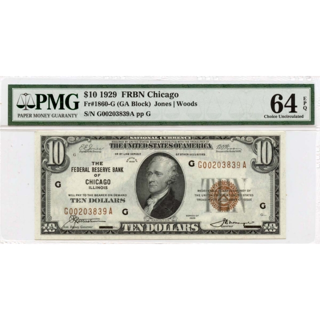 1929 $10 FRBN Chicago Fr# 1860-G PMG CH 64 EPQ