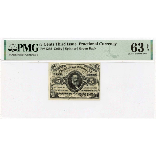 Third Issue 5 Cents Fractional Currency Green Back Fr# 1238 PMG 63 EPQ