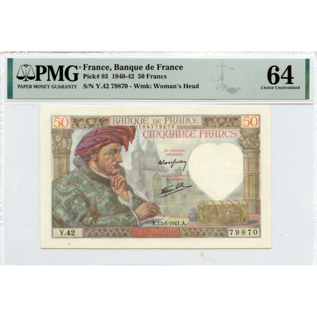 1940-42 50 Francs  Banque de France Pick# FRA93 PMG CH64